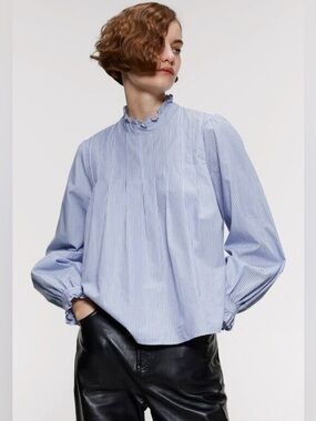 ZARA Light Blue Striped Blouse with Ruffled Collar and Cuffs